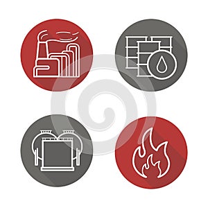 Oil industry flat linear long shadow icons set