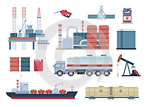 Oil industry and gas production elements, refinery and drilling platform. Fuel transportation, tank truck and ship