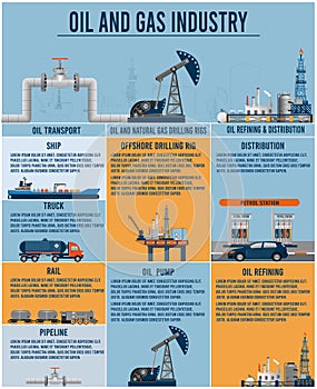 Oil industry  info graphic with refinery, depot, tanker, transport truck and Petrol station.