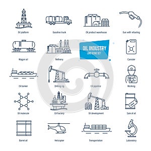 Oil industry line icons set. Gas station, factory, transportation, buildings.