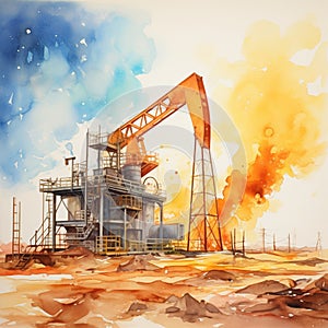 Oil industry. Oil rigs engaged in mining. Watercolour