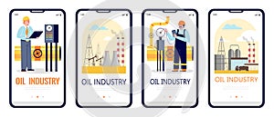 Oil industry onboarding pages with workers of industry, flat vector illustration.