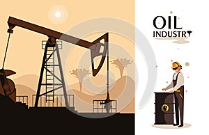 Oil industry scene with derrick and worker