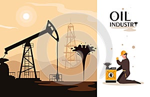 Oil industry scene with derrick and worker