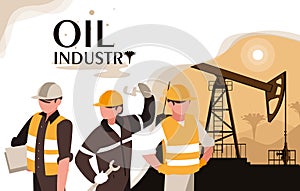 Oil industry scene with derrick and workers