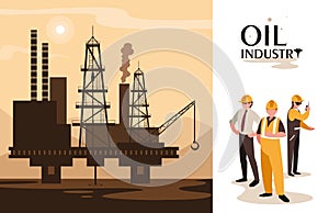 Oil industry scene with marine platform and workers