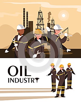 Oil industry scene with marine platform and workers