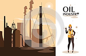Oil industry scene with plant pipeline and worker