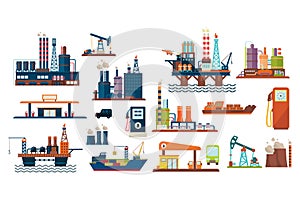 Oil industry set, extraction, refinery and transportation oil and petrol with gas station, vector Illustrations on a