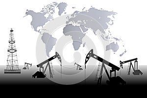 Oil industry Silhouette of oil or gas drilling rigs on a sunset background.