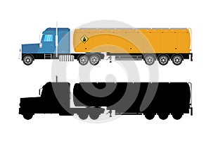 Oil industry truck. Cartoon petroleum tanker and black silhouette isolated on white background. Truck with fuel tank. Liquid