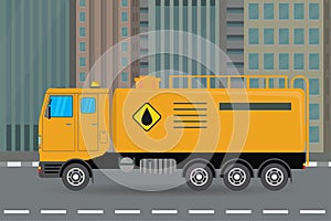 Oil industry truck design. Cartoon petroleum tanker on city road, urban landscape on background. Side view. Truck with fuel tank