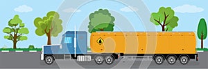 Oil industry truck design. Cartoon petroleum tanker on road, natural landscape on background. Side view