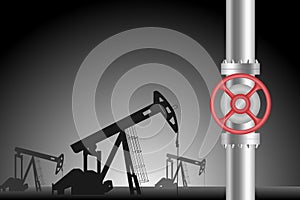 Oil industry vector illustration. Oil valve with a turn, oil is pumped in the background.