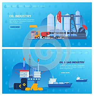 Oil industry vector illustration set, cartoon flat industrial flat banner collection with drilling offshore platform