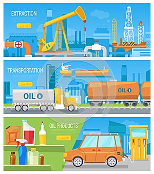 Oil industry vector oiled technology petroleum extraction and transportation illustration set of industrial equipment