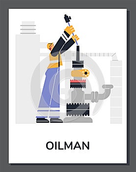 Oil and gas industry worker in the process of maintaining the operation, cleans the pipes on drilling rig vector poster