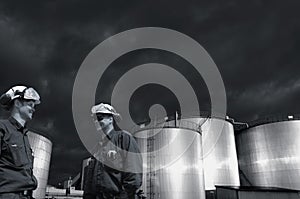 Oil industry, workers and dark stormy clouds