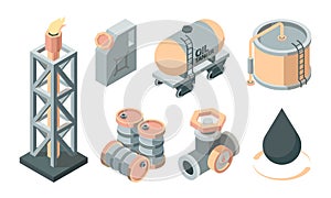 Oil isometric production set. Derrick with fire storage tank canister transportation fuel valve oil tanker storage tank