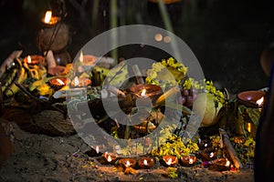 Oil Lamps at chhat puja photo