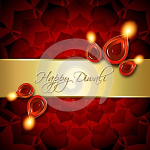 Oil lamps with diwali greetings over red background