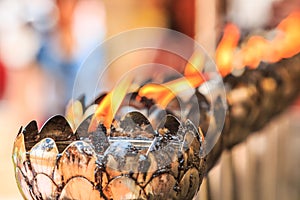 Oil lamps of the prayers at the temple