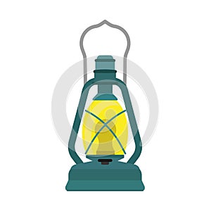Oil lantern lamp design decoration equipment fuel. Bright aged camp light vintage vector icon. Kerosene night fire