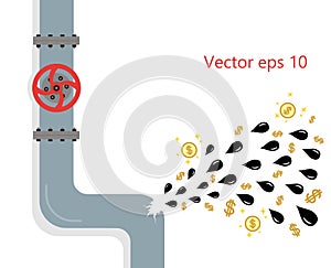 Oil leak from the pipeline, rupture, crack in plumbing. Concept money is lost due to breakage. Vector flat style.