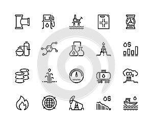 Oil line icons. Gas fuel station, chemical industry petrol tank, petroleum refinery factory, oil rig drill platform