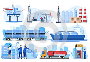 Oil logistic, gas industry, fuel extraction processing transportation, vector illustration