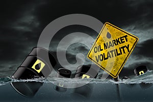 Oil Market Volatility With Crude Oil Drums Tossing on Ocean in Uncertainty