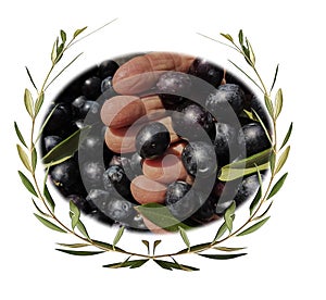 Oil olives praize award wreath leaves in green olive trees background, glass bowl