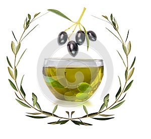 Oil olives praize award wreath leaves in green olive trees background, glass bowl
