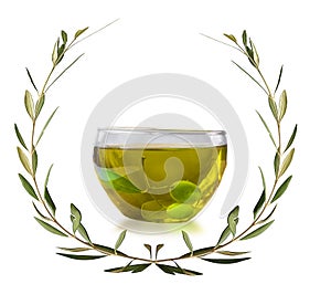 Oil olives praize award wreath leaves in green olive trees background, glass bowl