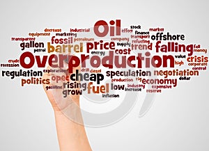 Oil Overproduction word cloud and hand with marker concept photo