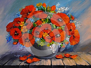 Oil painding - a bouquet of poppies in a vase on a wooden table