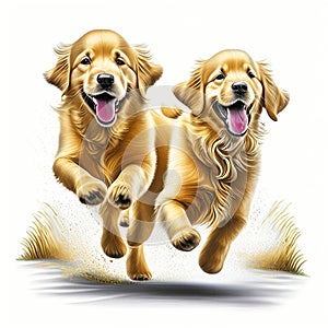 Oil paint art of happy Golden retriver on white background