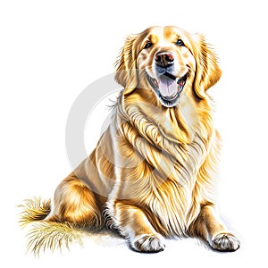 Oil paint art of happy Golden retriver on white background