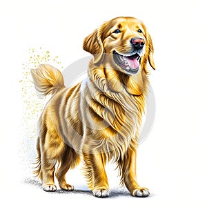 Oil paint art of happy Golden retriver on white background