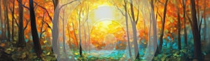 oil paint Beautiful nature background forest at sunrise . Beautiful forest panorama landscape