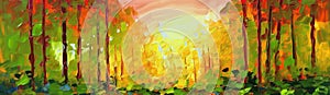 oil paint Beautiful nature background forest at sunrise . Beautiful forest panorama landscape