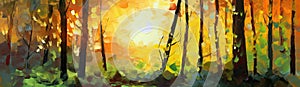 oil paint Beautiful nature background forest at sunrise . Beautiful forest panorama landscape