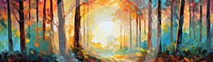 oil paint Beautiful nature background forest at sunrise . Beautiful forest panorama landscape