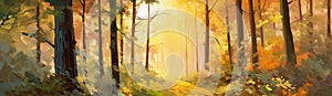 oil paint Beautiful nature background forest at sunrise . Beautiful forest panorama landscape