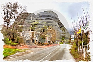 Greece. Meteora. Monastery on a rock. Road. Imitation of a picture. Oil paint. Illustration