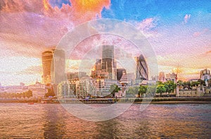 Oil paint image of Skyscrapers of the City of London over the Thames river at sunset