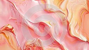 Oil paint like marble texture background, abstract pattern of pink yellow liquid. Peach colored surface close-up. Concept of art,