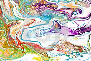 Oil paint mix abstract background. Rainbow marble texture. Acrylic liquid flow colorful wallpaper. Creative violet