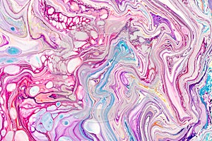 Oil paint mix abstract background. Rainbow marble texture. Acrylic liquid flow colorful wallpaper. Creative violet