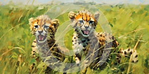 Oil painted cheetah cubs on a sunny day